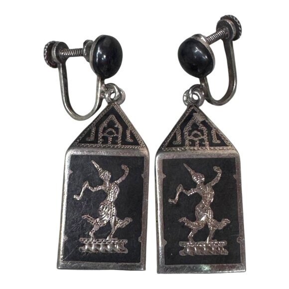 Vintage Sterling Earrings 925 Silver Siam Niello Balinese Dancer Screw Back - Picture 2 of 7